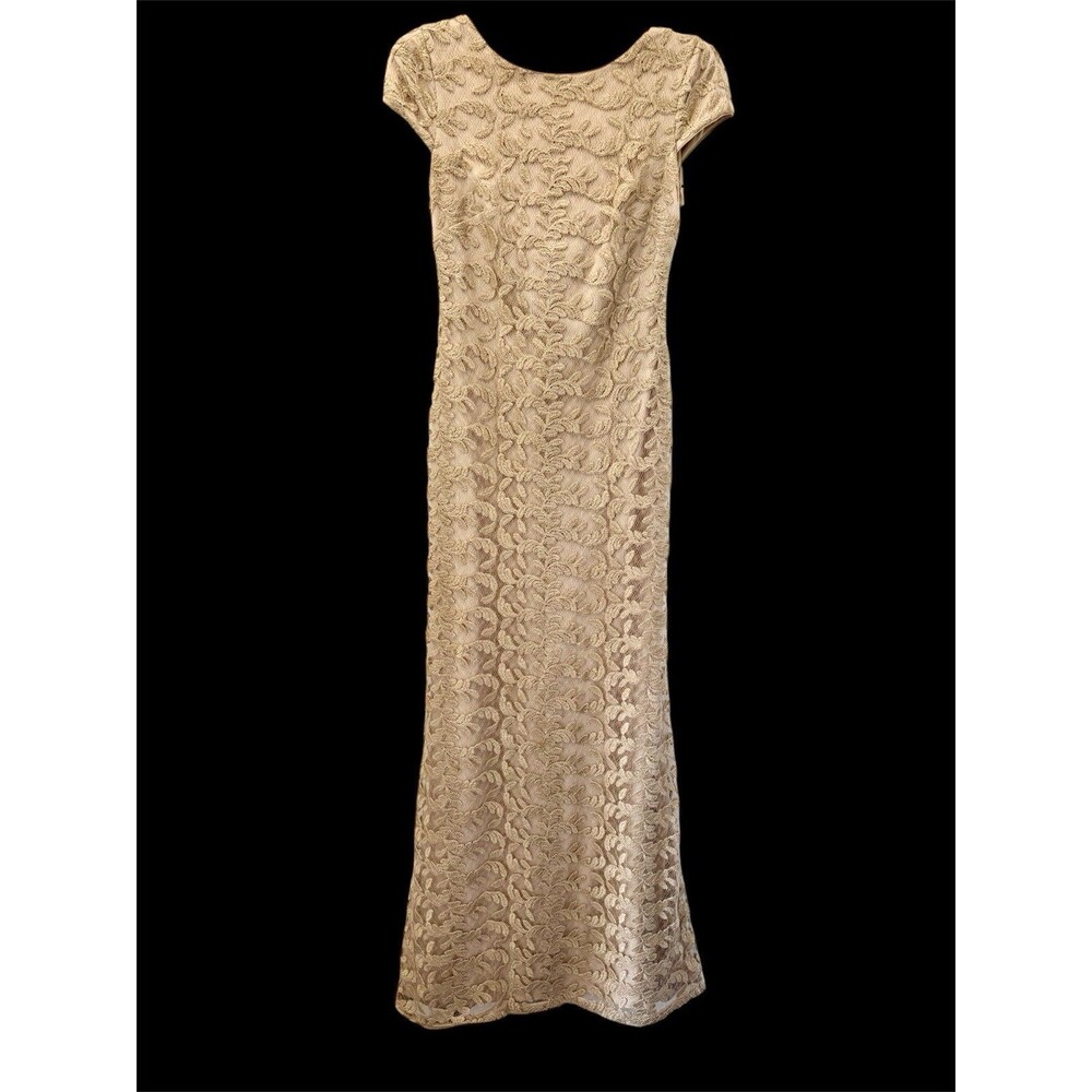 Calvin Klein Gown Cap-Sleeve Formal Dress Floor Length Gold Nude Lace Cowl Back